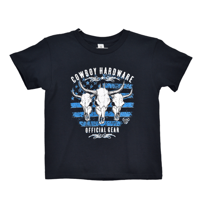 Boy's Black with Blue & White Triple Flag Skull Short Sleeve Tee from Cowboy Hardware