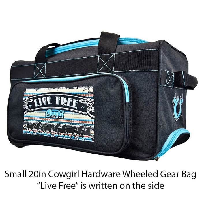 Small Cowgirl Hardware Live Free Serape Wheeled Gear Bag in Grey and Turquoise