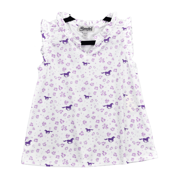 Girl's Cowgirl Hardware Purple & White Floral Horse Ruffle Vneck Tank from Cowboy Hardware