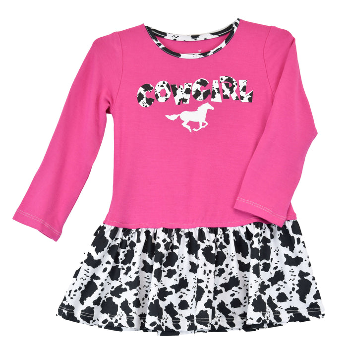 Infant/Toddler Pink Horse Cow Print Long Sleeve Dress from Cowgirl Hardware