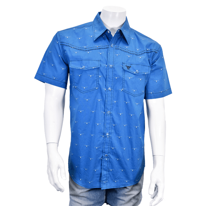Men's Blue All Over Skull Short Sleeve Western Shirt from Cowboy Hardware