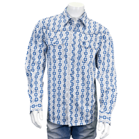Men's Blue & White Tonal Aztec Long Sleeve Western Shirt from Cowboy Hardware