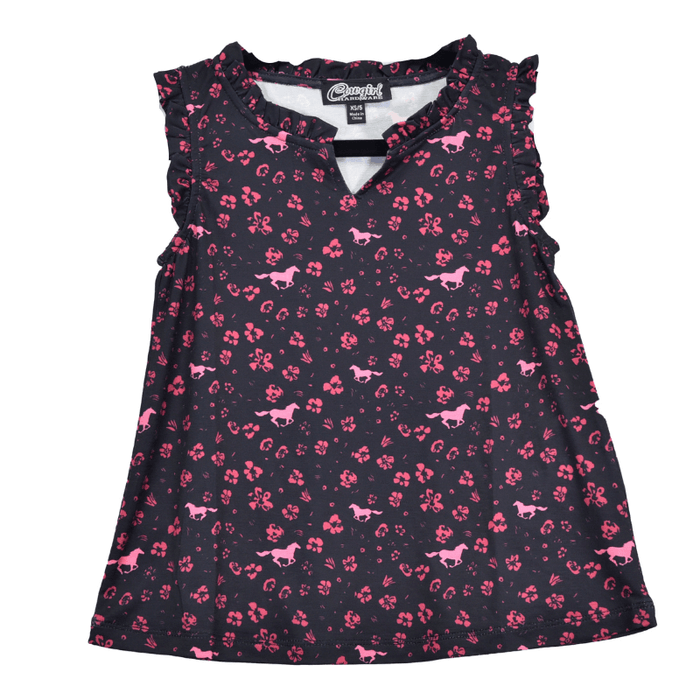 Toddler Girl's Cowgirl Hardware Black & Pink  Floral Horse Ruffle Vneck Tank from Cowboy Hardware