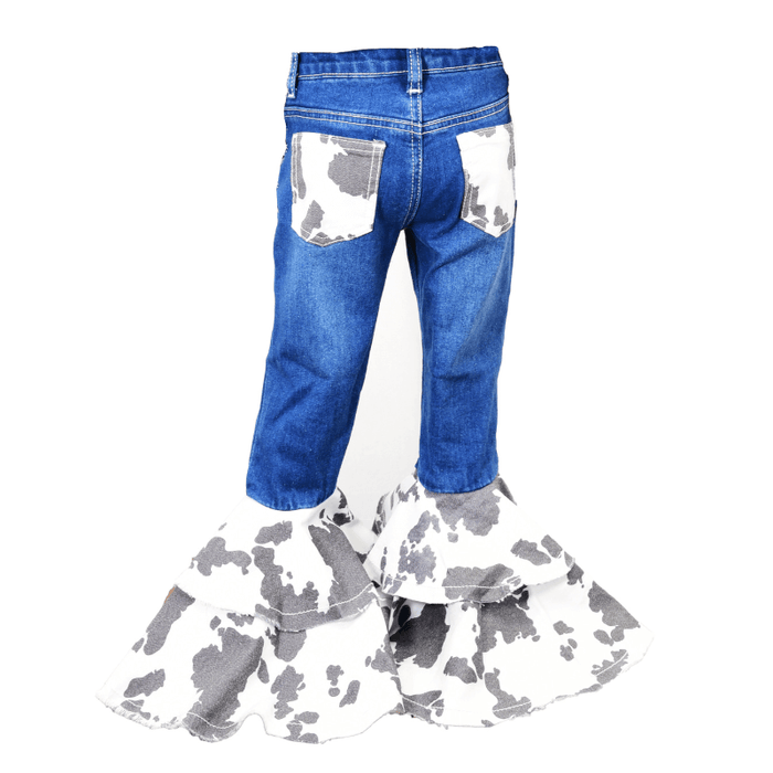 Toddler Girl's Cowgirl Hardware Denim with Black Cowprint Moody Cow Double Ruffle Bell Bottoms from Cowboy Hardware
