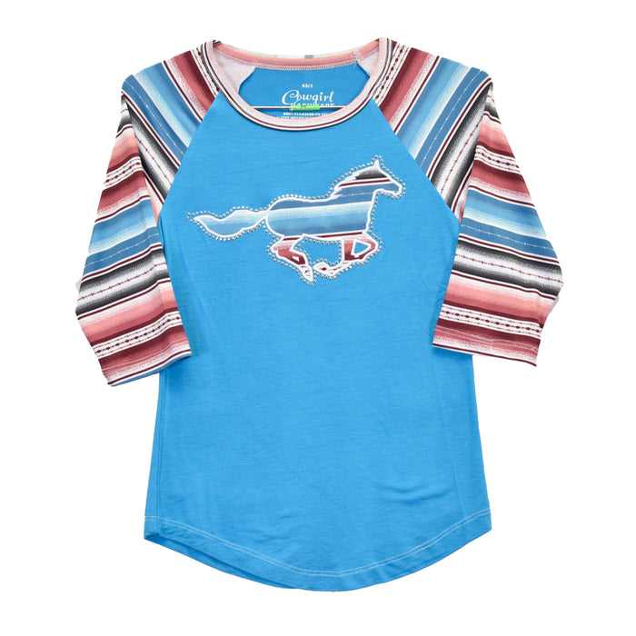 Toddler Girl's Cowgirl Hardware Turquoise Body with Blue, Black  & Red Serape Horse Raglan from Cowboy Hardware