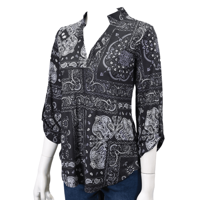Women's Cowgirl Hardware Black & Grey Patchwork Bandana HiLo Top from Cowboy Hardware