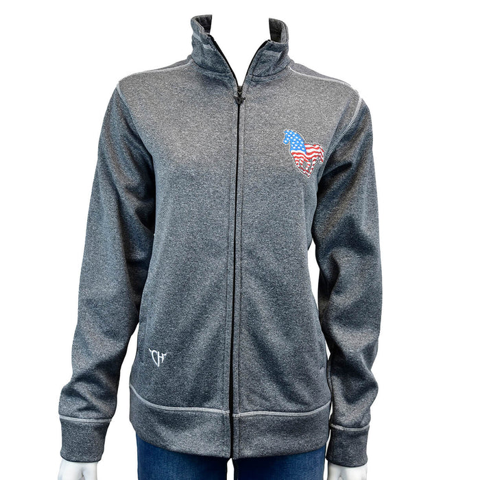 Women's Cowgirl Hardware Grey Full Zip Cadet with Red, White and Blue Flag Horse from Cowboy Hardware