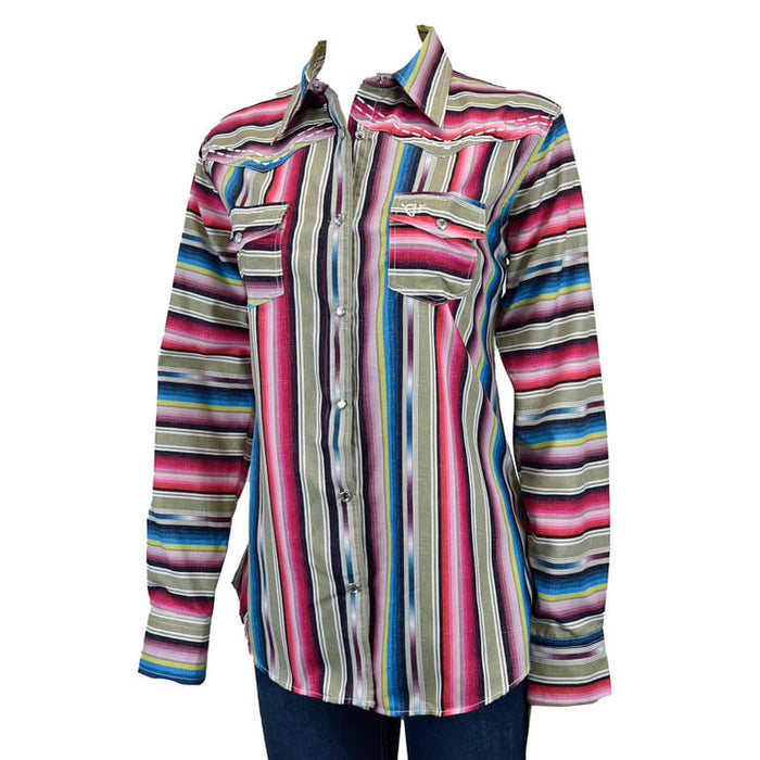 Women's Cowgirl Hardware Pink and Blue Blended Serape Long Sleeve Print Shirt