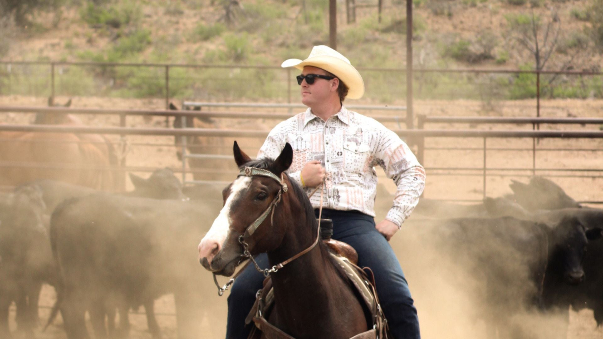 Cowboy riding horse wearing men's western wear from Cowboy Hardware