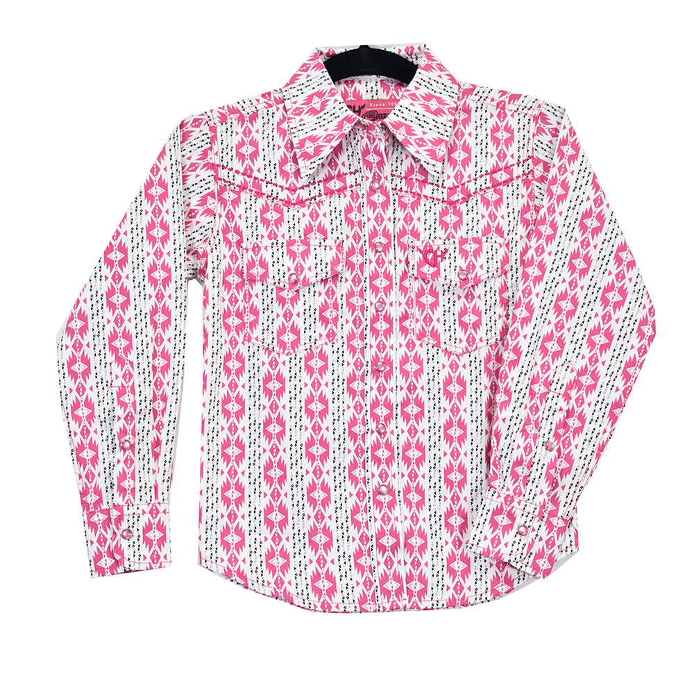 Youth Girl's Cowgirl Hardware Pink "Tonal Aztec" Long Sleeve Western Shirt