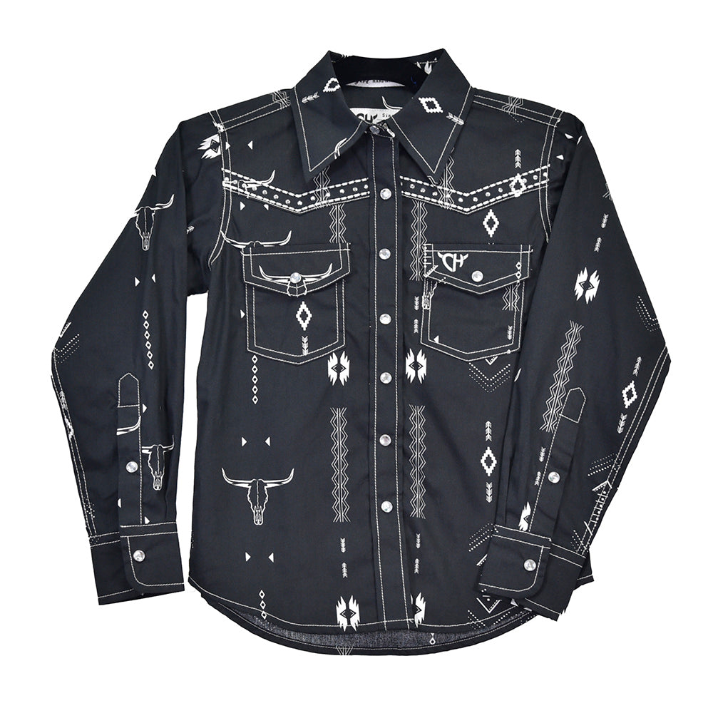 Youth Girl's Cowgirl Hardware Black "Skull Aztec" Long Sleeve Western Shirt