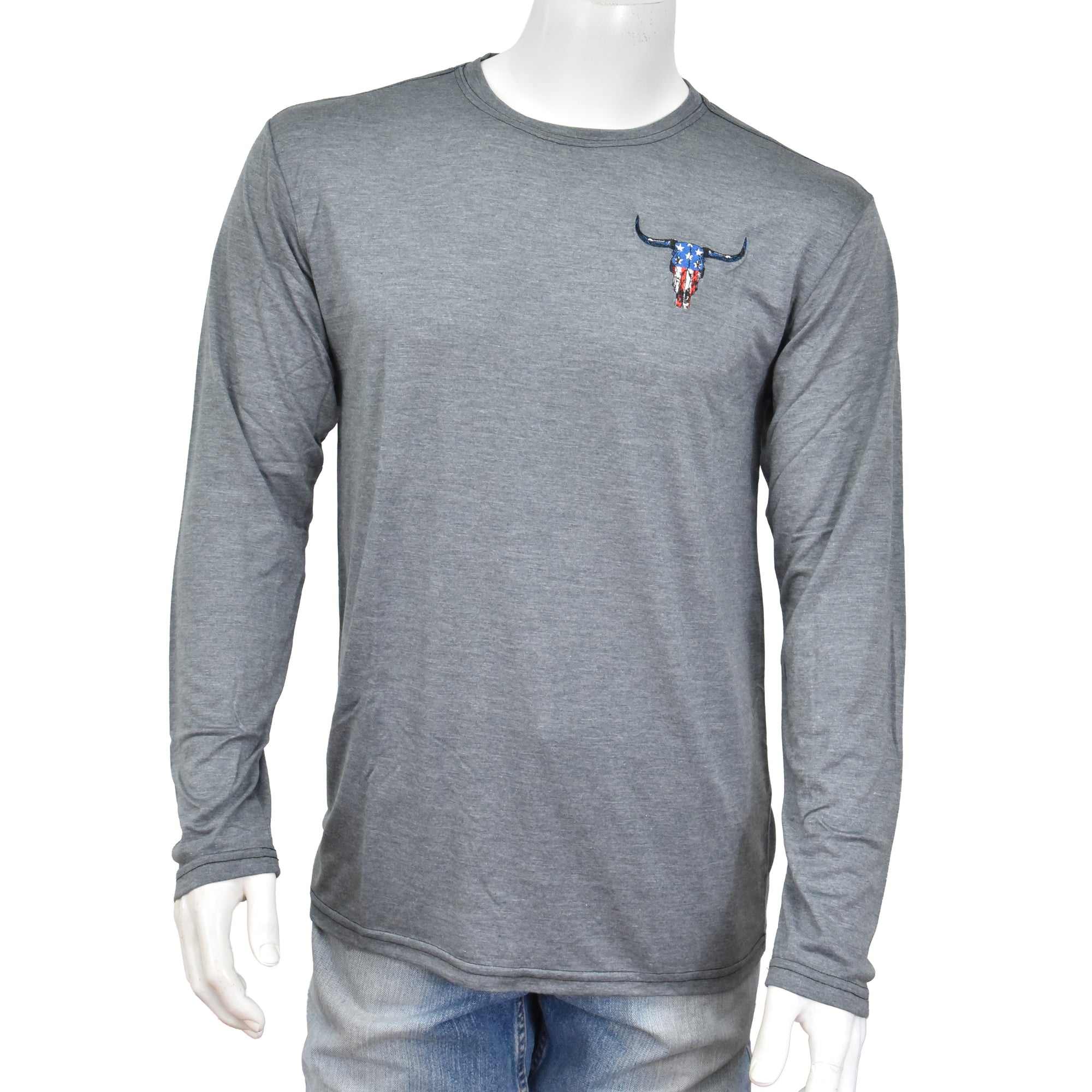 Men's Cowboy Hardware Heather Charcoal "Flag Skull" Long Sleeve T-Shirt