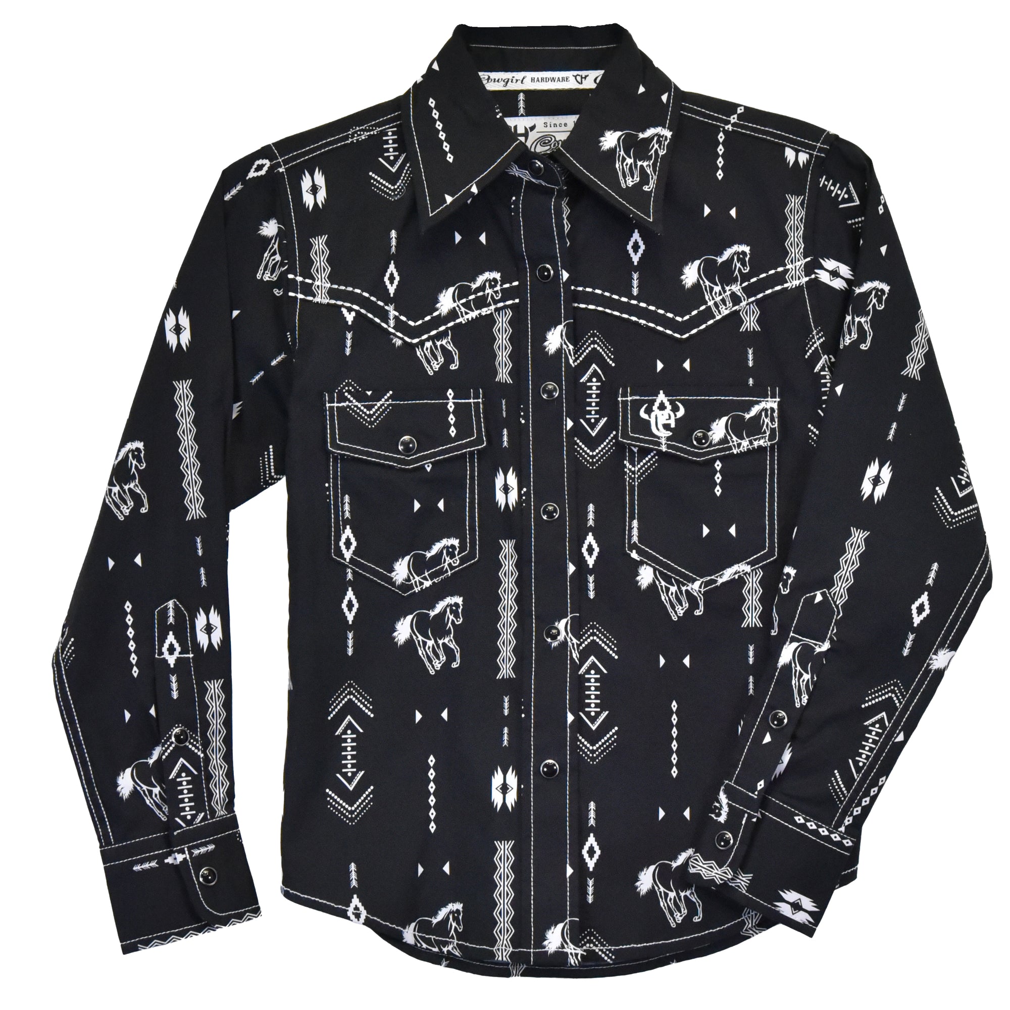Youth Girl's CH Black "Horse Aztec" Long Sleeve Western Shirt