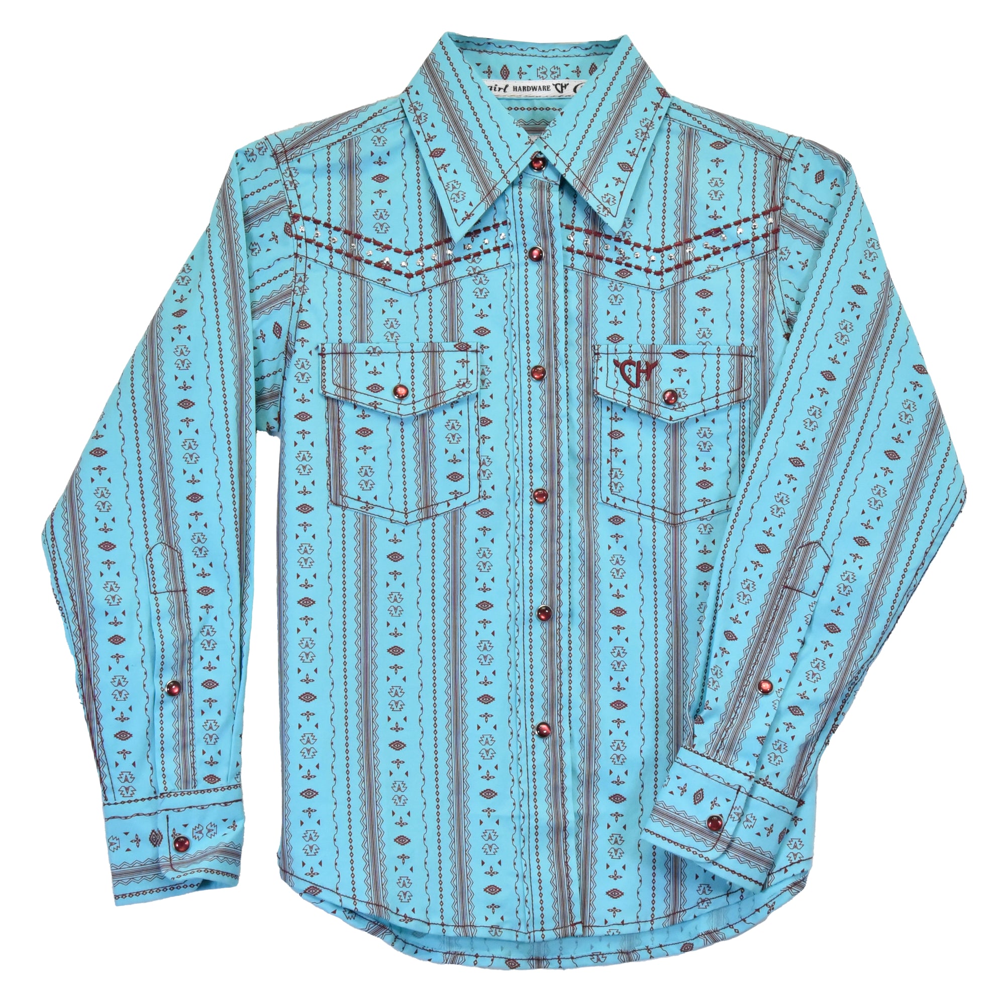 Youth Girl's CH Turquoise ""Striped Aztec" Long Sleeve Western Shirt