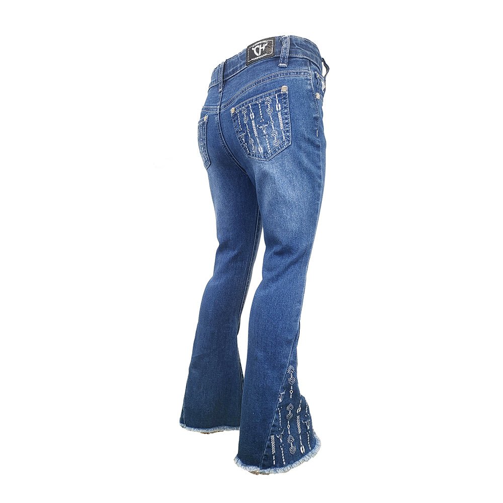 Youth Girl's Cowboy Hardware Medium Wash "Skull Aztec" Jeans