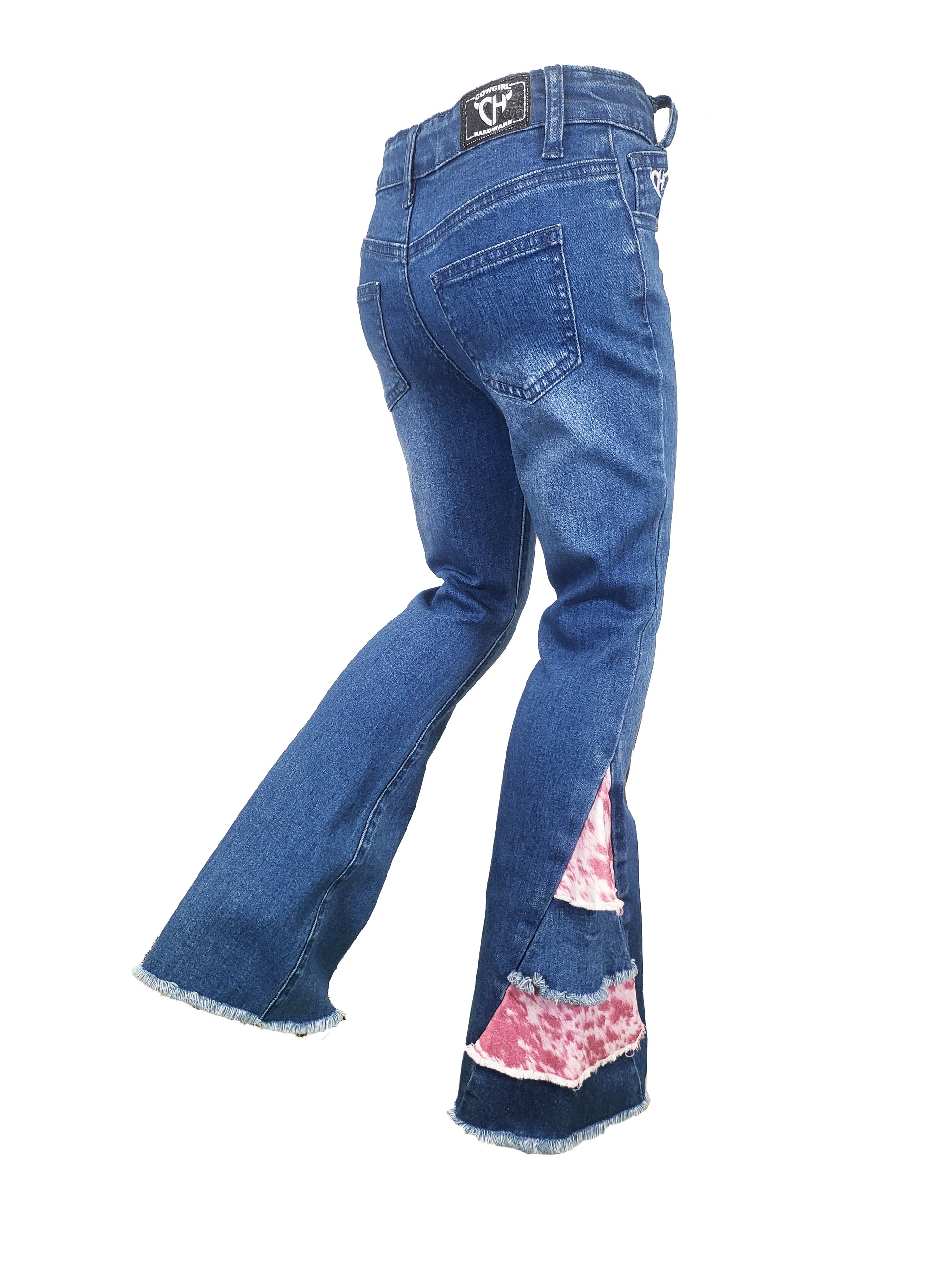 Girl's Cowgirl Hardware "Pink Cowhide" Side Fringe Medium Washed Jeans