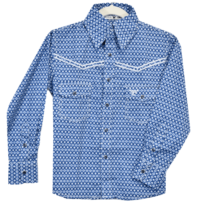 Boy's Blue and White Curvy Diamonds Long Sleeve Western Shirt from Cowboy Hardware