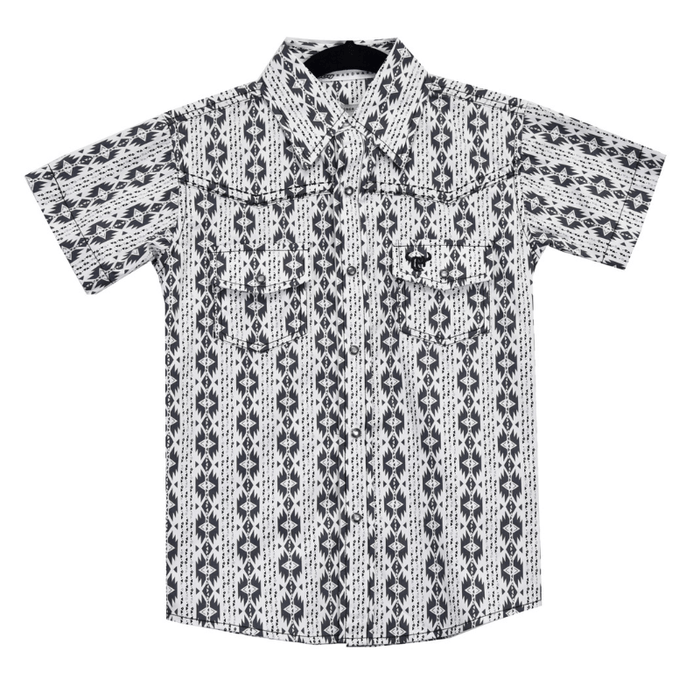 Boy's Grey & White Tonal Aztec Short Sleeve Print Western Shirt from Cowboy Hardware