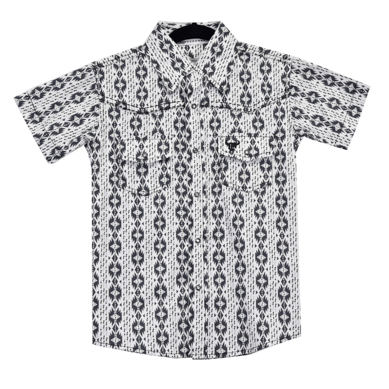 Boy's Grey & White Tonal Aztec Short Sleeve Print Western Shirt from Cowboy Hardware