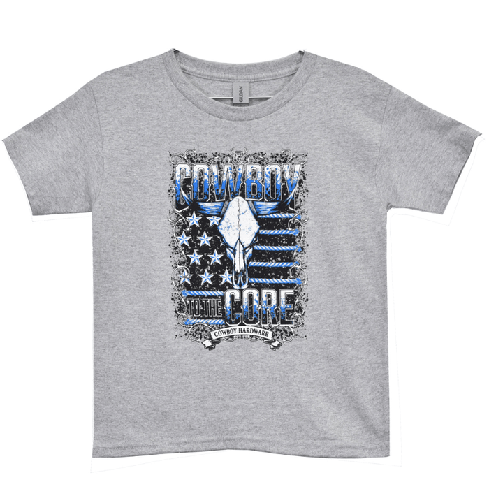 Boy's Sport Grey with Black & Blue Cowboy to the Core Short Sleeve Tee from Cowboy Hardware