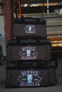 All Three Sizes of Our CH Outlaw Since 95' 3 Wheel Gear Bags Stacked from Cowboy Hardware