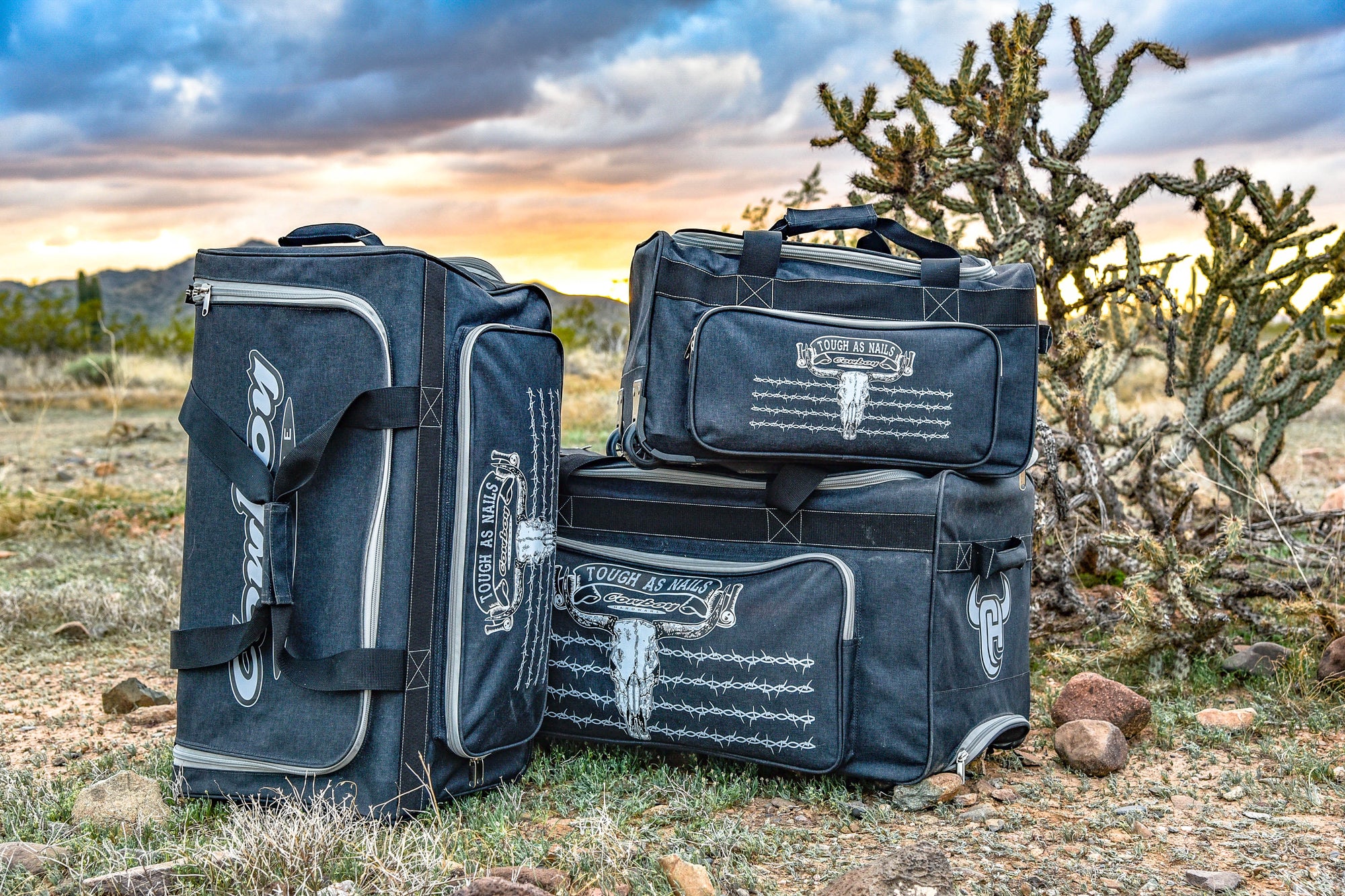 All Sizes of Cowboy Hardware Tough as Nails Gear Bags in Grey and Light Grey