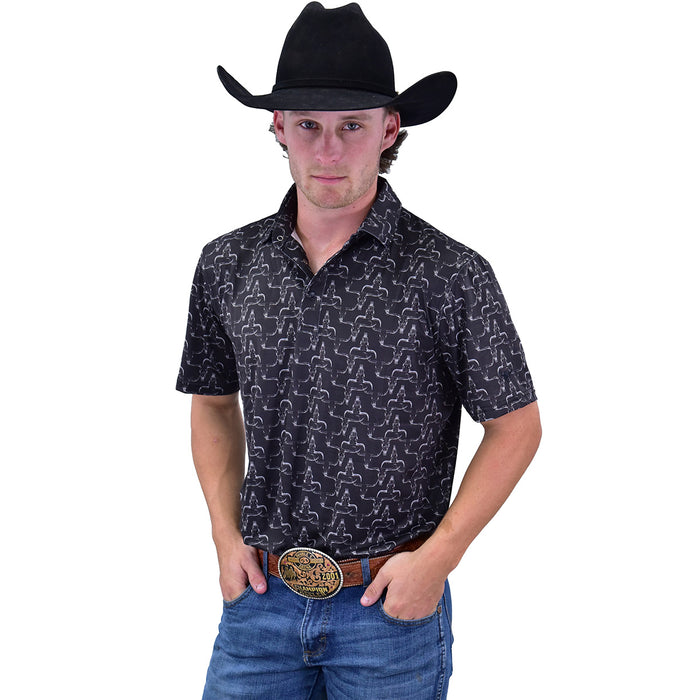 Cowboy wearing a black hombre skull short sleeve polo 
