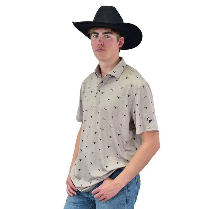 Cowboy wearing a men's skull scatter tan short sleeve polo