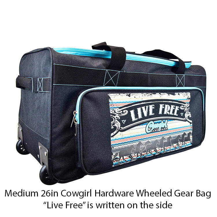 Medium Cowgirl Hardware Live Free Serape Wheeled Gear Bag in Grey and Turquoise