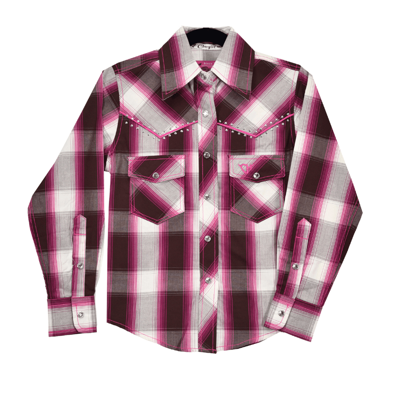 Girl's Cowgirl Hardware Pink & Brown Hombre Long Sleeve Plaid Western