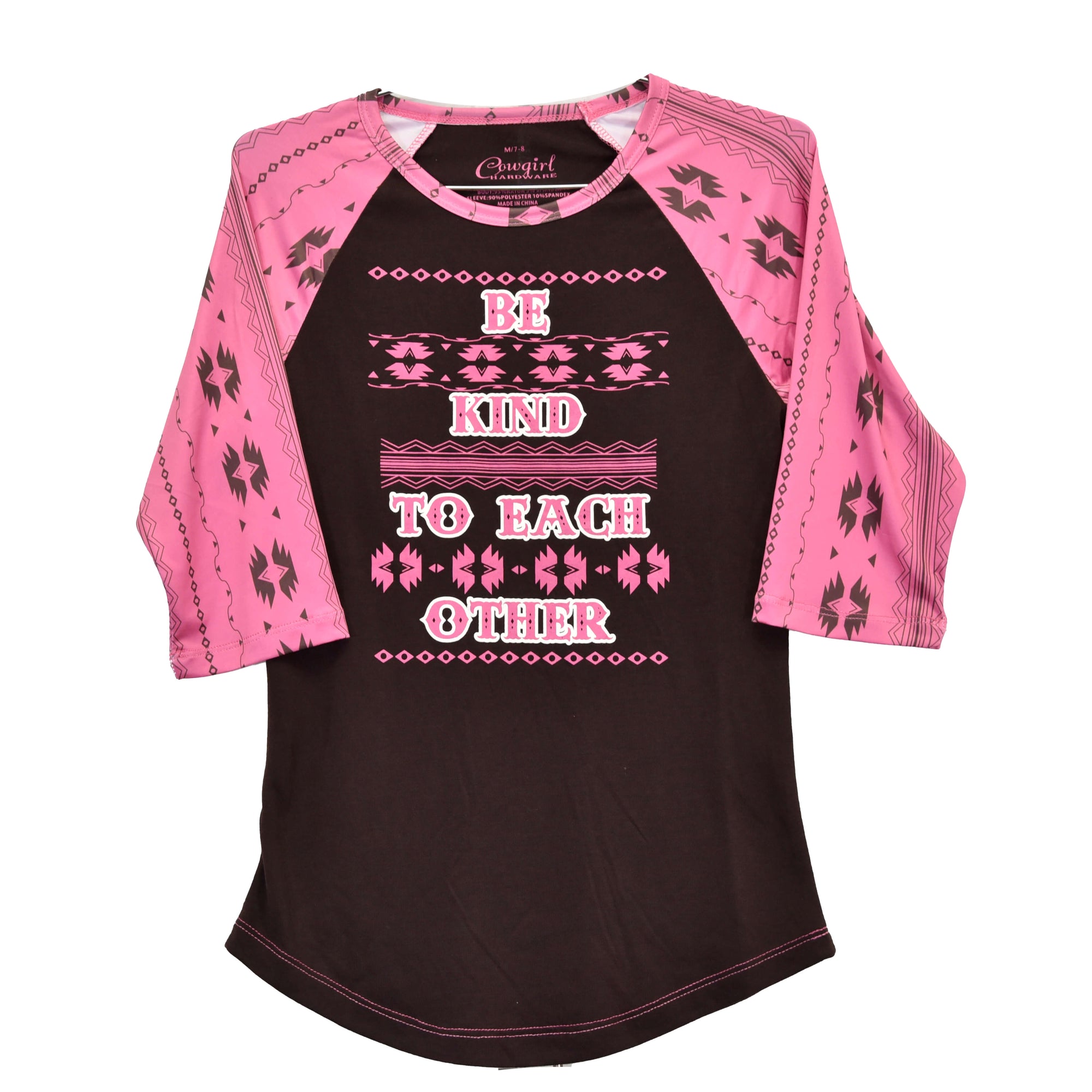 Girl's Cowgirl Hardware Be Kind Brown and Pink Striped Aztec Raglan Tee from Cowboy Hardware