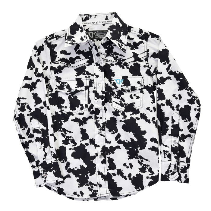 Girl's Cowgirl Hardware Black All Over Cowprint Long Sleeve Western Shirt from Cowboy Hardware