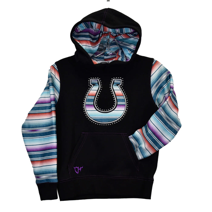 Girl's Cowgirl Hardware Black Body with Blue, Red & Purple Serape Horseshoe Raglan Fleece Hoody from Cowboy Hardware