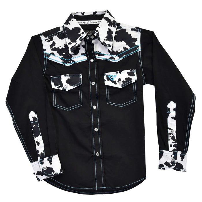 Girl's Cowgirl Hardware Black Cowprint Yoke Long Sleeve Western Shirt from Cowboy Hardware