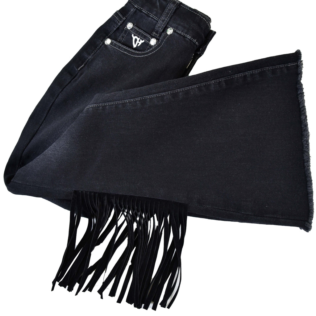 Youth Girl's Cowgirl Hardware Black Wash "Side Fringe" Flare Leg Jeans