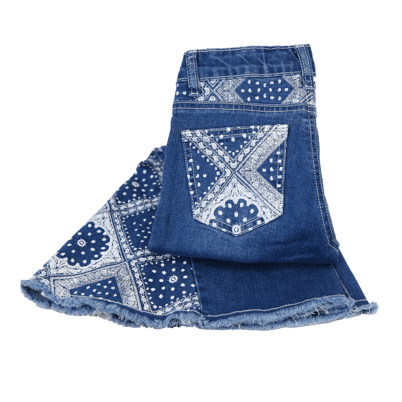 Girl's Cowgirl Hardware Blue and White Bandana Print Bell Bottom Medium Wash Jeans from Cowboy Hardware