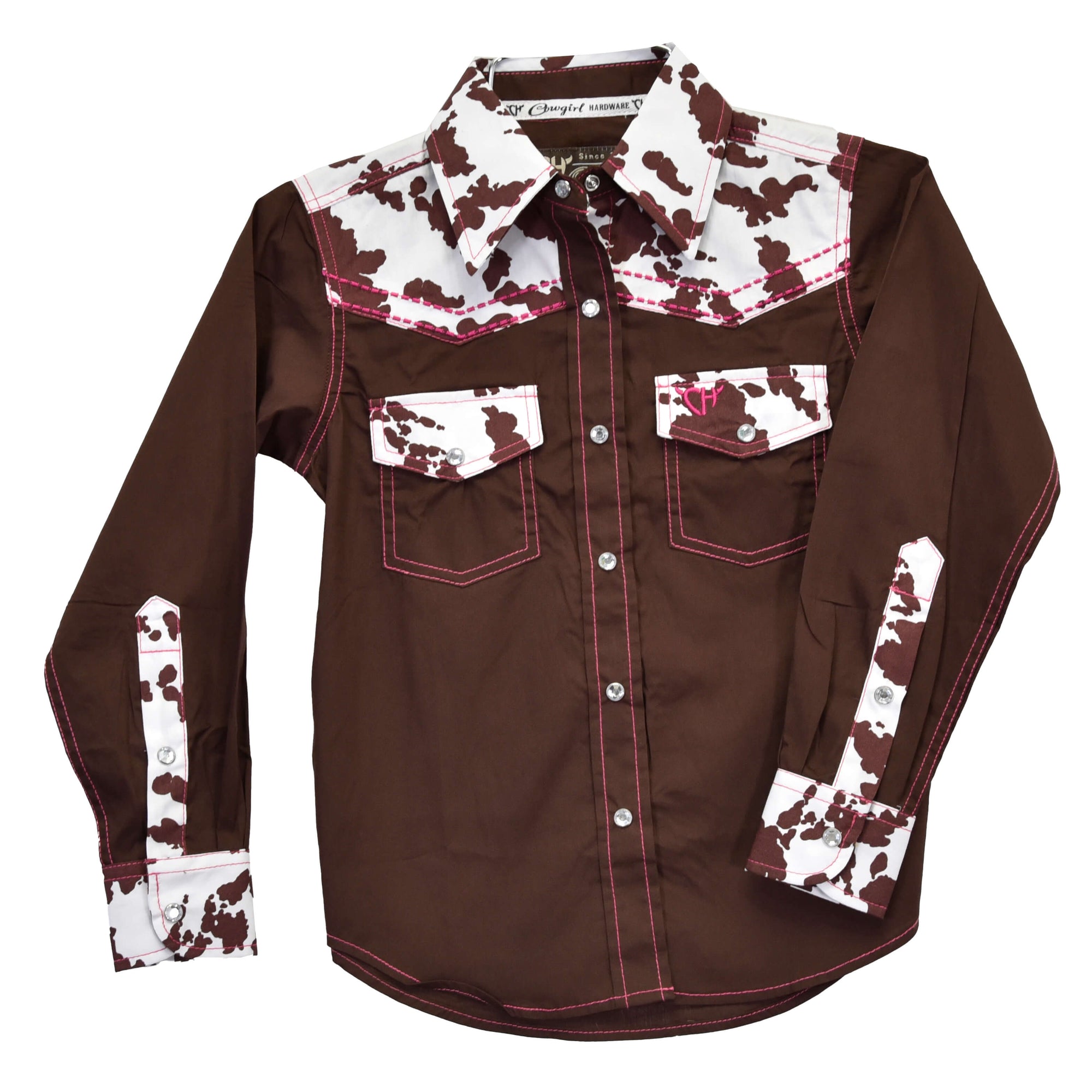 Girl's Cowgirl Hardware Brown Cowprint Yoke Long Sleeve Western Shirt from Cowboy Hardware