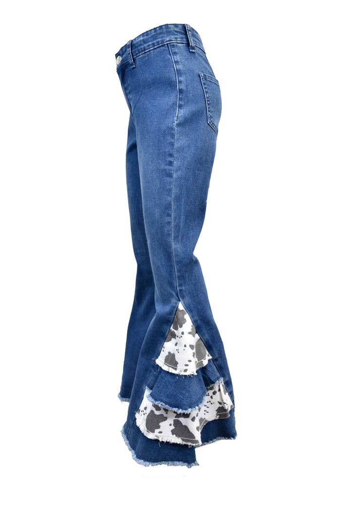 Girl's Cowgirl Hardware Cow Print Side Ruffle Medium Wash Jeans from Cowboy Hardware