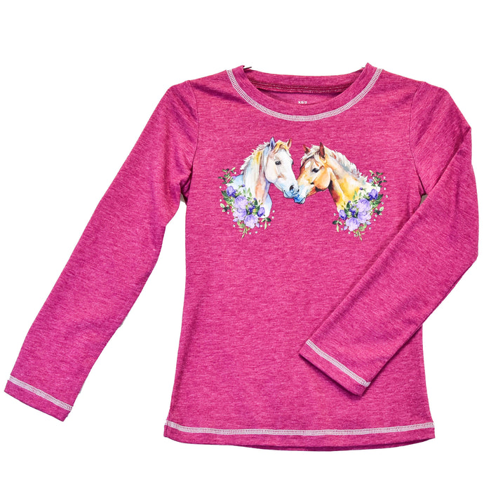 Girl's Cowgirl Hardware Kissing Horses Heather Pink Crew Long Sleeve Tee from Cowboy Hardware