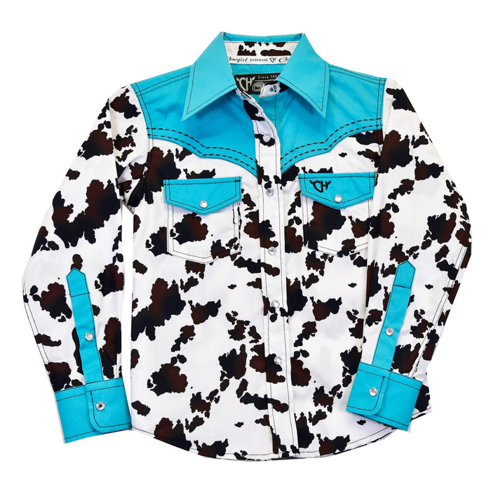 Girl's Cowgirl Hardware Moody Cow Turquoise Yoke Long Sleeve Print from Cowboy Hardware