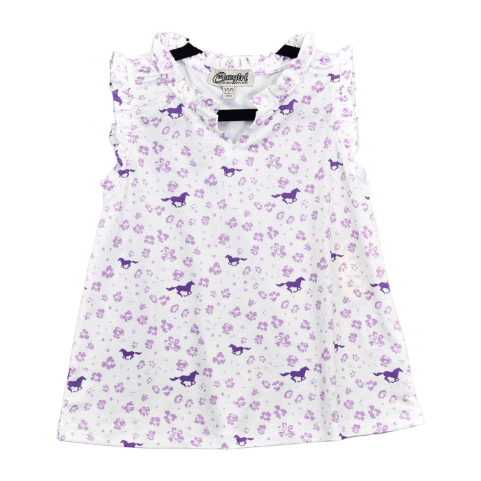 Girl's Cowgirl Hardware Purple and White Floral Horse Ruffle Vneck Tank from Cowboy Hardware