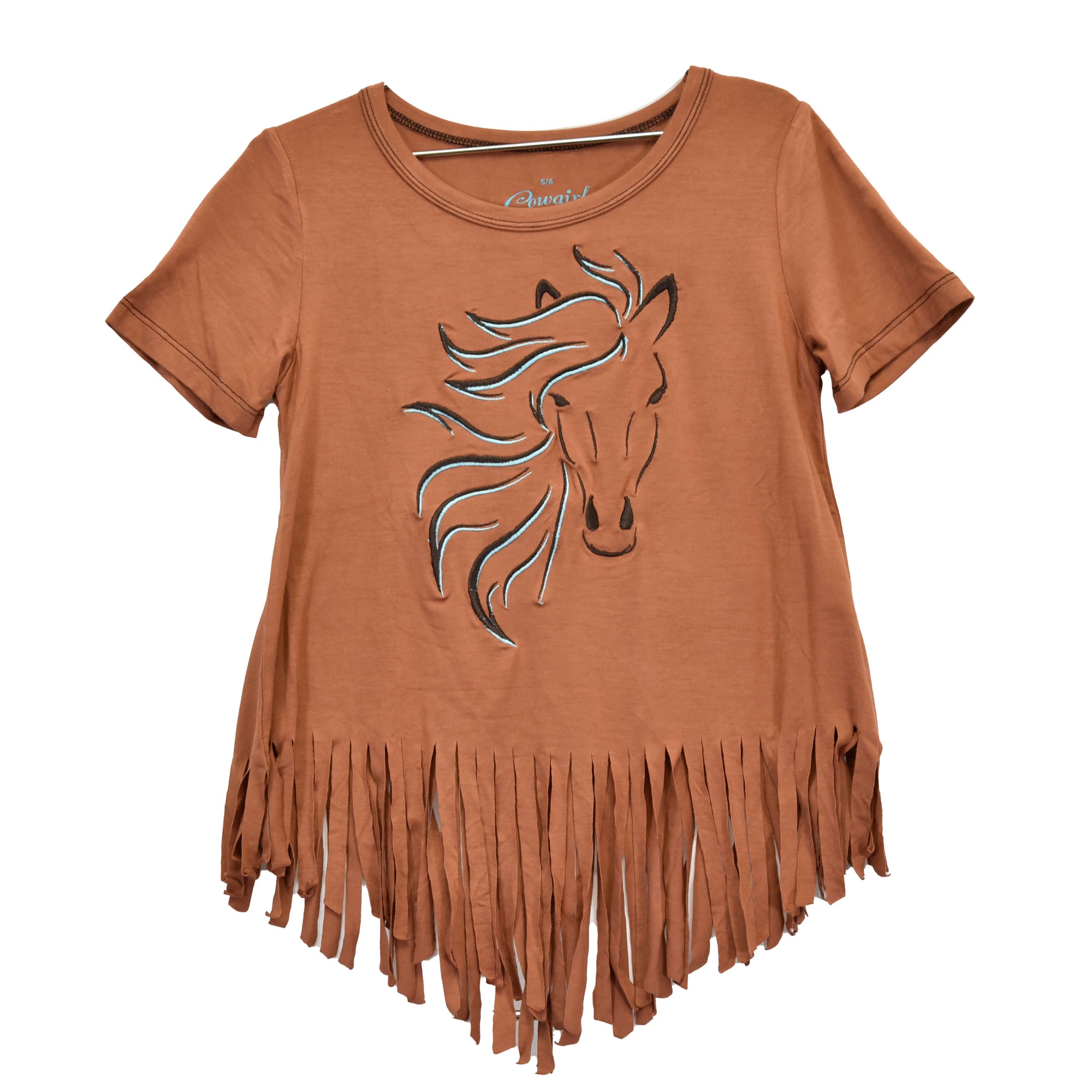 Girl's Cowgirl Hardware Rich Brown Blaze Horse Fringe Short Sleeve Top from Cowboy Hardware
