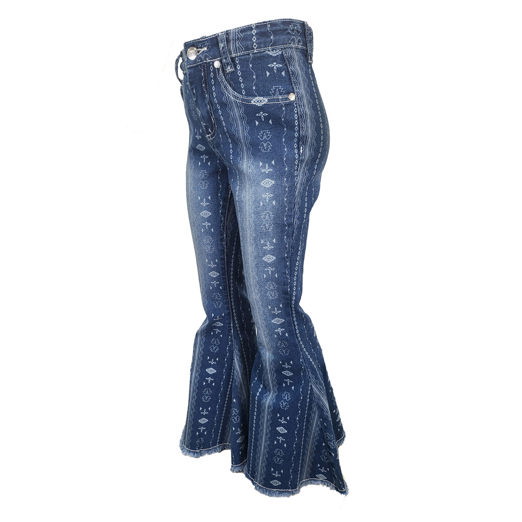 Youth Girl's Cowgirl Hardware Medium Wash "Striped Aztec" Bell Bottom Jean