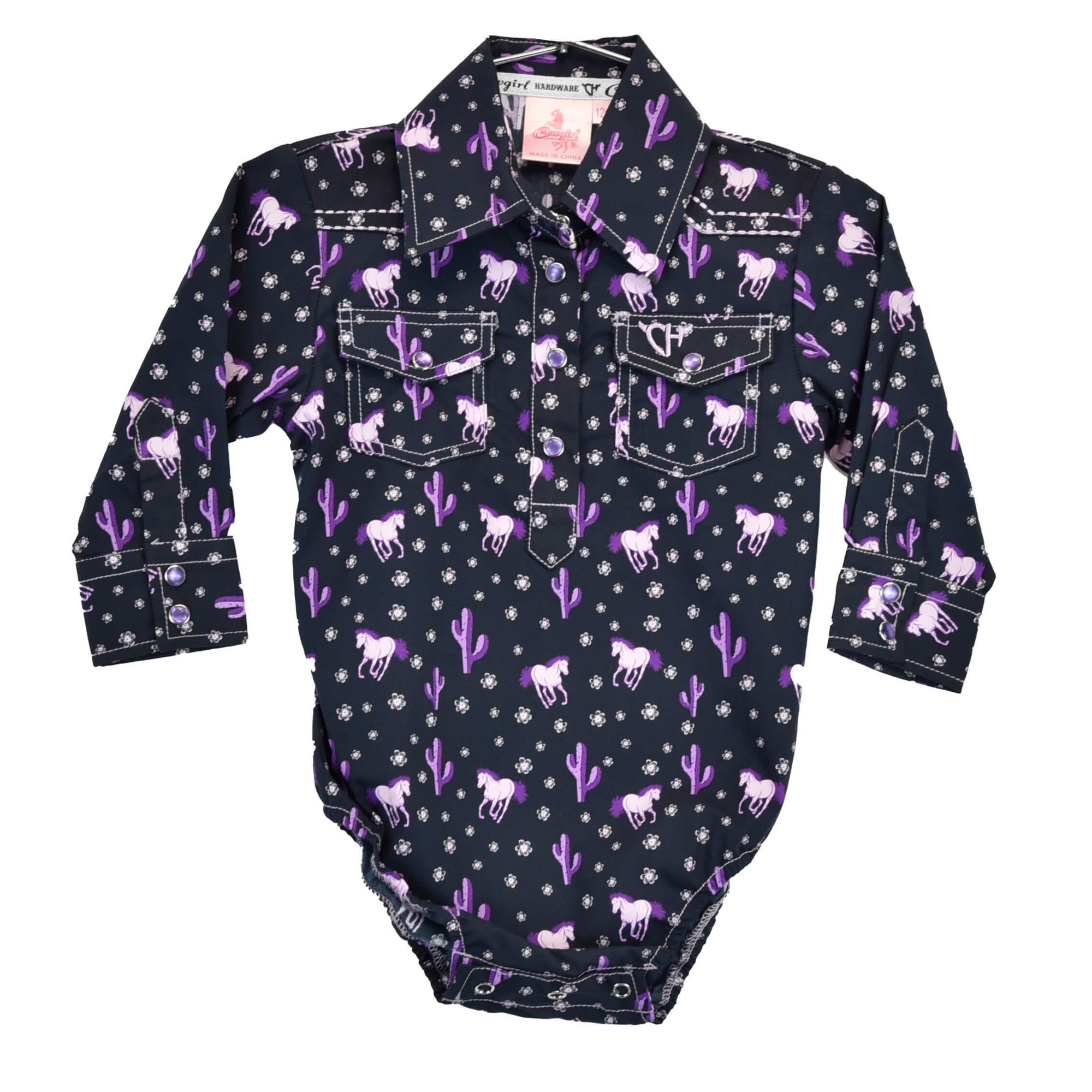 Infant Black Purple Southwest Rider Long Sleeve Western Romper from Cowgirl Hardware