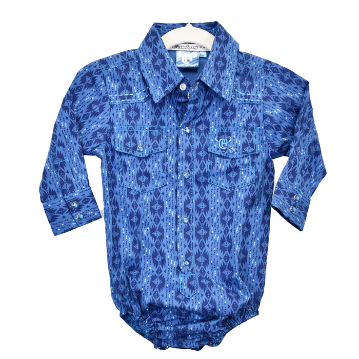 Infant Boy's Blue and White Long Sleeve Tonal Aztec Western Romper from Cowboy Hardware