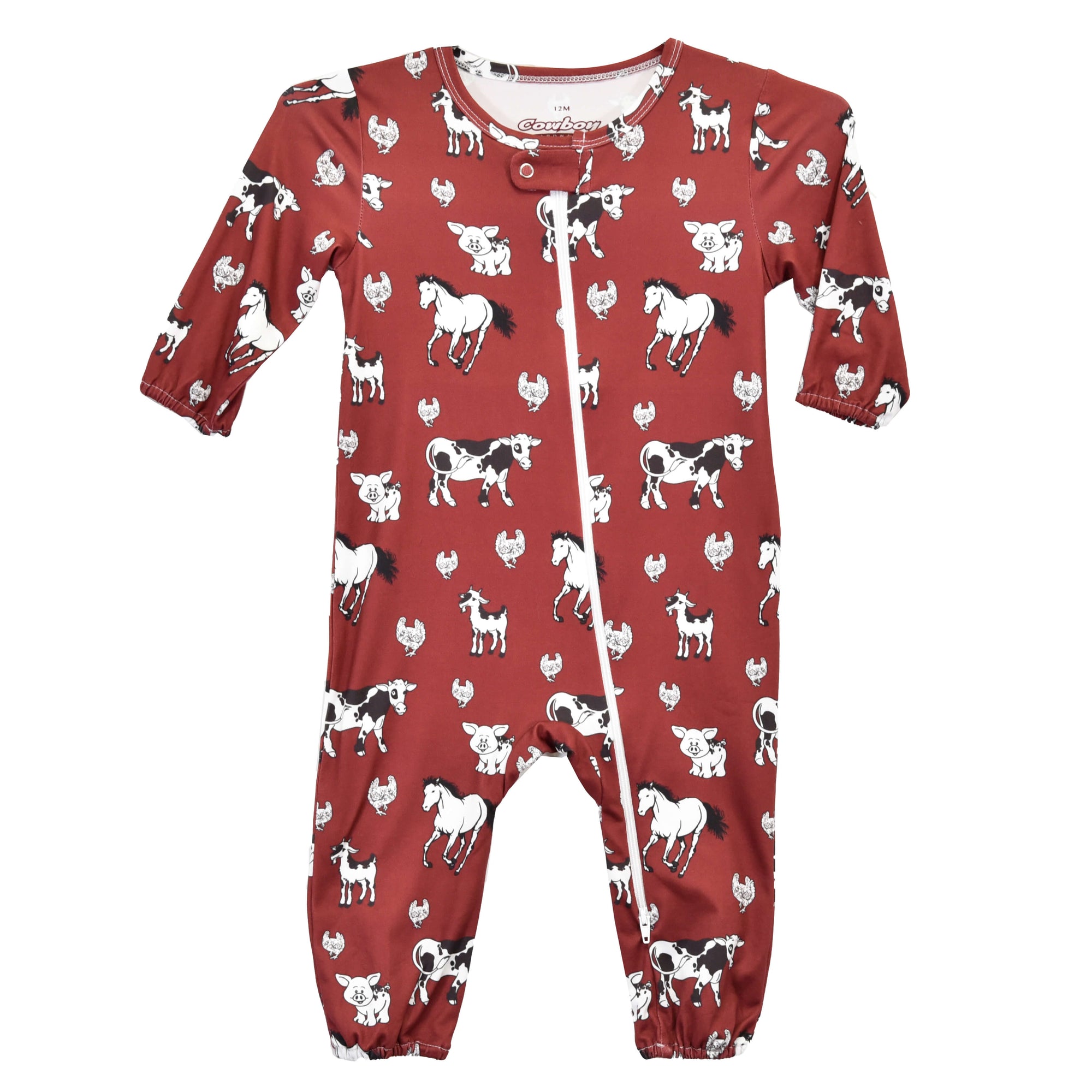 Infant Boy's Burgandy All Over Farm Print Romper from Cowboy Hardware