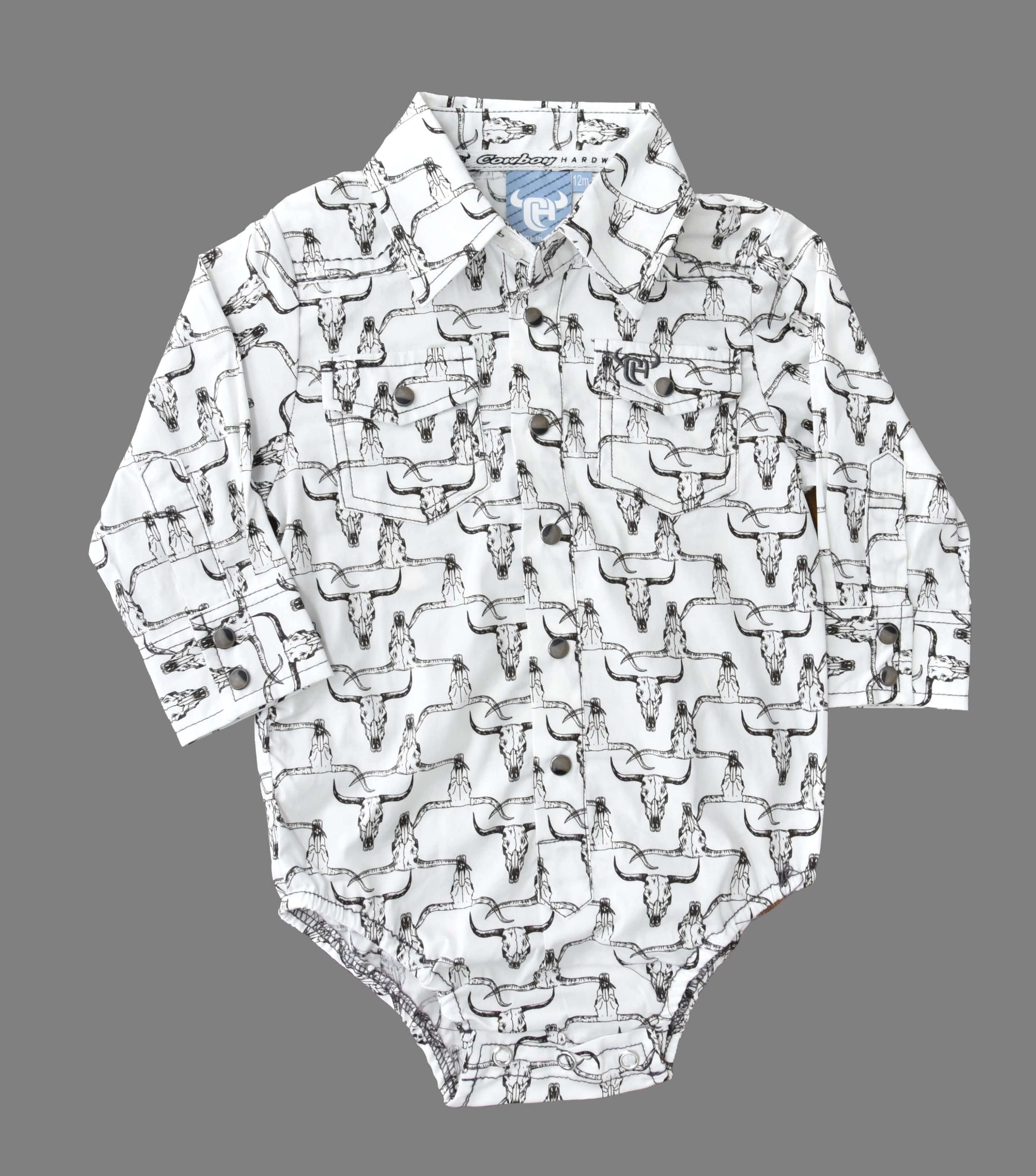 Infant Boy's White "Hombre Skull" Long Sleeve Romper Western Shirt from Cowboy Hardware