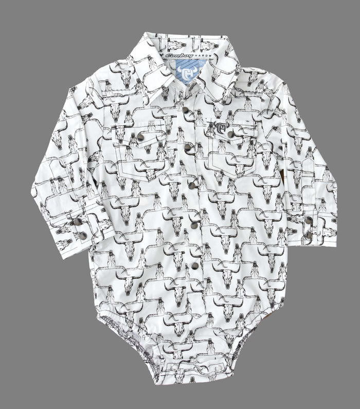 Infant Boy's White "Hombre Skull" Long Sleeve Romper Western Shirt from Cowboy Hardware