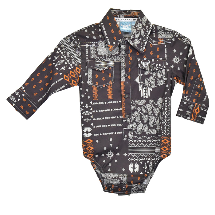 Infant Boys CH "Aztec Bandana" Chocolate Long Sleeve Romper Western Shirt from Cowboy Hardware