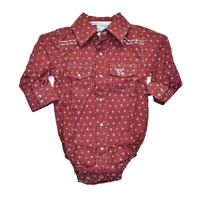 Infant Boys CH "Muted Chevron" Burgundy Long Sleeve Romper Western Shirt from Cowboy Hardware